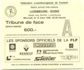 білет зб.Люксемб-Швейцарія 1996 МТМ/Luxembourg-Switzerland friendly match ticket