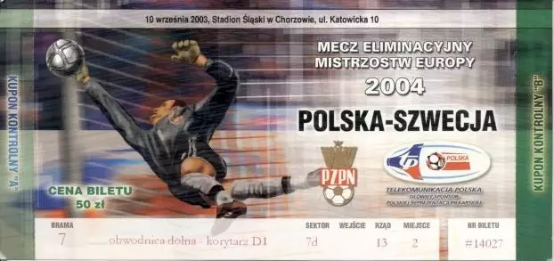 білет зб. Польща-Швеція 2003 відбір ЧЄ-2004 /Poland-Sweden football match ticket
