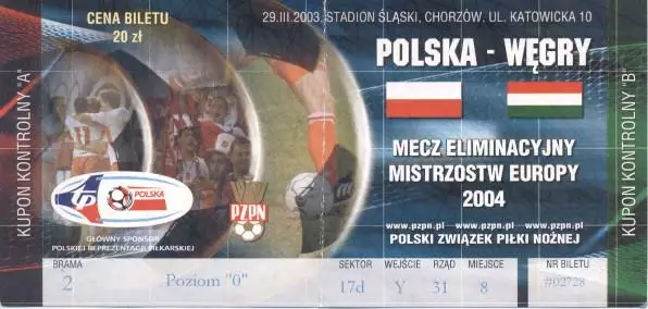 білет зб.Польща-Угорщина 2003a відб.ЧЄ-2004/Poland-Hungary football match ticket