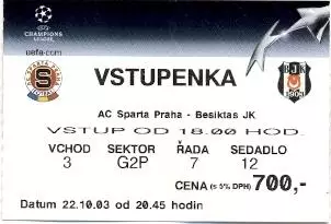 білет Спарта/Sparta Prague Czechia/Чехія-Besiktas Turkey/Туреч.2003 match ticket