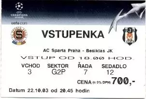 білет Спарта/Sparta Prague Czechia/Чехія-Besiktas Turkey/Туреч.2003 match ticket