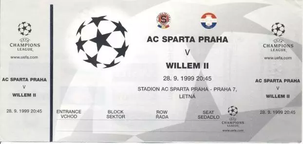 білет Sparta Prague Czech/Чехія-Willem II Netherlands/Нідерл. 1999a match ticket
