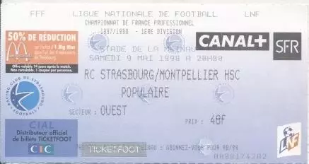 білет Франц. Championnat France Strasbourg-Montpellier 1998a billet match ticket