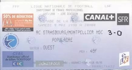 білет Франц. Championnat France Strasbourg-Montpellier 1998b billet match ticket