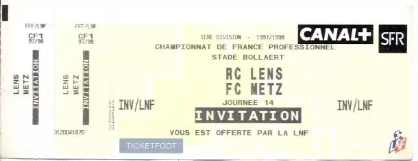 білет Франція Championnat de France RC Lens-FC Metz 1997-98 billet match ticket