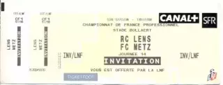 білет Франція Championnat de France RC Lens-FC Metz 1997-98 billet match ticket