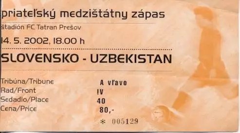 білет зб.Словач.-Узбекистан 2002 МТМ / Slovakia-Uzbekistan friendly match ticket