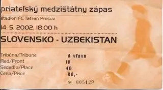 білет зб.Словач.-Узбекистан 2002 МТМ / Slovakia-Uzbekistan friendly match ticket