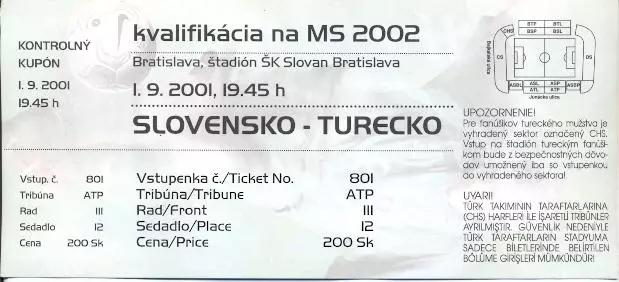 білет зб.Словаччина-Туреччина 2001 відбір ЧС-2002 / Slovakia-Turkey match ticket