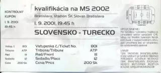 білет зб.Словаччина-Туреччина 2001 відбір ЧС-2002 / Slovakia-Turkey match ticket