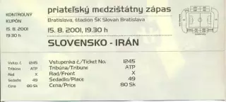 білет зб.Словаччина-Іран 2001 МТМ / Slovakia-Iran friendly football match ticket