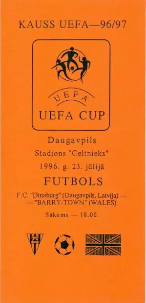 прог.Дінабург/Dinaburg Latv/Латв-Баррі/Barry Town Wales/Уельс 1996 match program