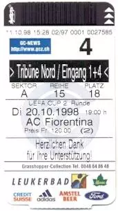 білет Grasshopper Switzerland/Швейц.-AC Fiorentina Italy/Італ.1998a match ticket