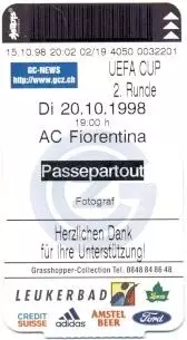 білет Grasshopper Switzerland/Швейц.-AC Fiorentina Italy/Італ.1998b match ticket