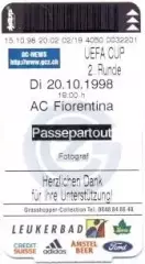 білет Grasshopper Switzerland/Швейц.-AC Fiorentina Italy/Італ.1998b match ticket