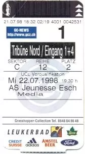 білет Grasshopper Switzerland/Швейц-Jeunesse Luxembourg/Люксем.1998 match ticket