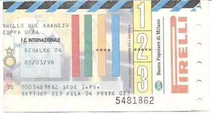 білет Інтер/FC Inter Italy/Італія-Schalke 04 Germany/Німеччина 1998 match ticket