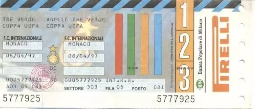 білет Інтер/FC Inter Italy/Італ.-Монако/AS Monaco France/Франц.1997 match ticket