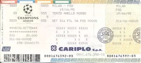 білет AC Milan Italy/Італія-PSG Paris St.Germain France/Франц.1995a match ticket