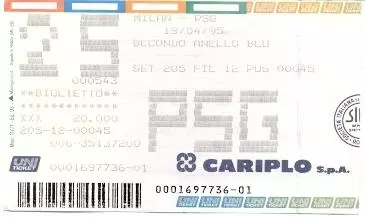білет AC Milan Italy/Італія-PSG Paris St.Germain France/Франц.1995b match ticket