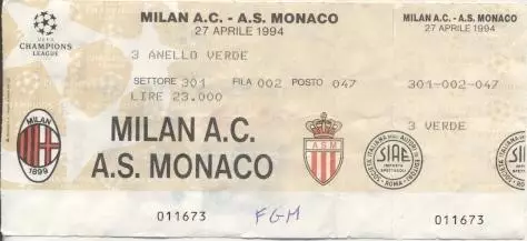 білет Мілан/AC Milan Italy/Італ.-Монако/AS Monaco France/Франц.1994 match ticket