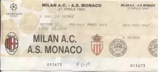 білет Мілан/AC Milan Italy/Італ.-Монако/AS Monaco France/Франц.1994 match ticket