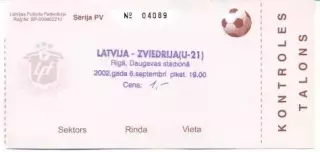 білет зб. Латвія-Швеція 2002 молодіжні / Latvia-Sweden U21 football match ticket
