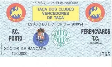 білет FC Porto Portugal/Португал.-Ferencvaros Hungary/Угорщина 1994 match ticket