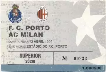 білет Порту/FC Porto Portugal/Португ-Мілан/AC Milan Italy/Італ.1994 match ticket