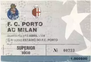 білет Порту/FC Porto Portugal/Португ-Мілан/AC Milan Italy/Італ.1994 match ticket