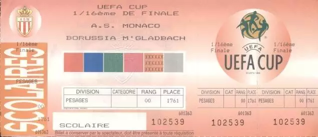 білет AS Monaco France/Франція-Borussia Moncheng.Germany/Німеч.1997 match ticket