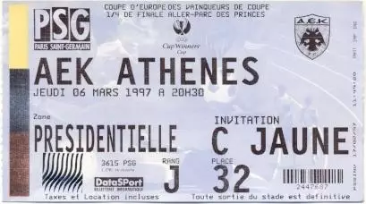 білет ПСЖ/PSG=Paris SG France/Франція-AEK Athens Greece/Греція 1997 match ticket