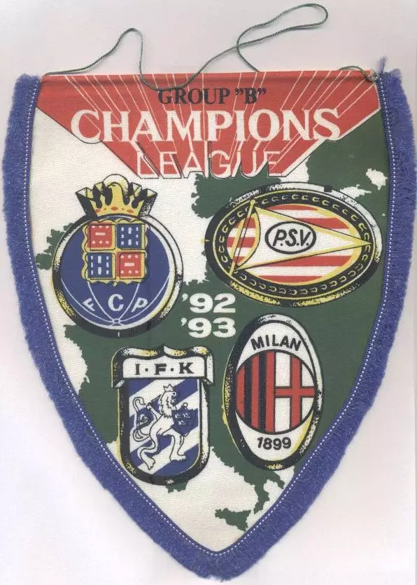 вимпел 24х19 футбол група ЛЧ 1992/93 Porto PSV Goteborg Milan football pennant