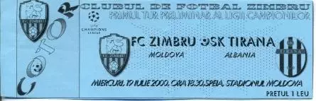 білет Зимбру/Zimbru Mold./Молд-Тирана/SK Tirana Albania/Албан.2000a match ticket