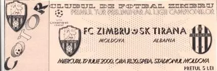 білет Зимбру/Zimbru Mold./Молд-Тирана/SK Tirana Albania/Албан.2000c match ticket