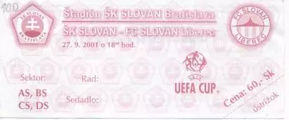 білет Sl.Bratislava Slovak/Словач.-Slovan Liberec Czech/Чехія 2001a match ticket