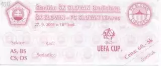 білет Sl.Bratislava Slovak/Словач.-Slovan Liberec Czech/Чехія 2001a match ticket