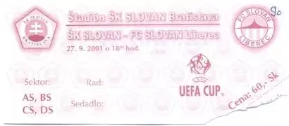 білет Sl.Bratislava Slovak/Словач.-Slovan Liberec Czech/Чехія 2001b match ticket