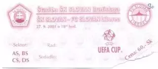 білет Sl.Bratislava Slovak/Словач.-Slovan Liberec Czech/Чехія 2001b match ticket
