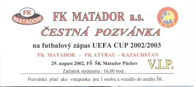 білет Пухов/Puchov Slovak/Словач.-Atyrau Kazakhstan/Казахстан 2002b match ticket