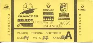 білет зб. Литва-Ісландія 1996a відбір ЧС-1998 / Lithuania-Iceland match ticket