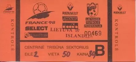 білет зб. Литва-Ісландія 1996b відбір ЧС-1998 / Lithuania-Iceland match ticket