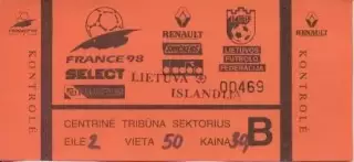 білет зб. Литва-Ісландія 1996b відбір ЧС-1998 / Lithuania-Iceland match ticket
