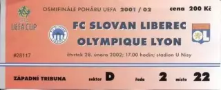 білет Slovan Liberec Czech/Чехія-Olympique Lyon France/Франція 2002 match ticket