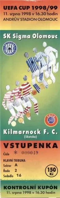 білет Сігма/Sigma Czech/Чехія-Kilmarnock FC Scotland/Шотландія 1999 match ticket