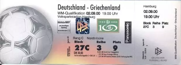 білет зб.Німеччина-Греція 2000 відб.ЧС-2002/Germany-Greece football match ticket