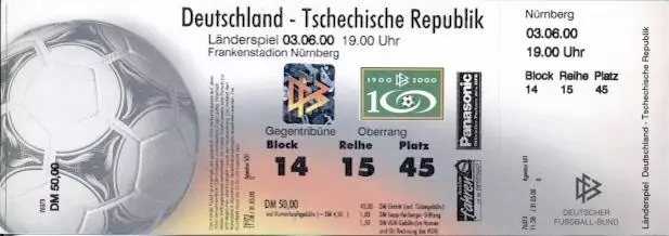 білет зб. Німеччина-Чехія 2000 МТМ /Germany-Czech friendly football match ticket
