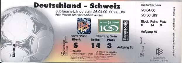 білет зб.Німеччина-Швейцарія 2000 МТМ /Germany-Switzerland friendly match ticket