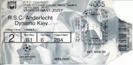 білет Андерлехт/RSC Anderlecht Belg/Бельг-Динамо Київ/Dyn.Kyiv 2000 match ticket