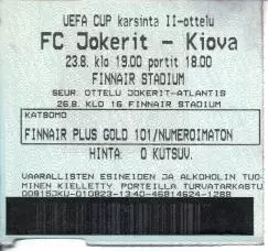 білет Йокеріт/FC Jokerit Finland/Фінл.-ЦСКА Київ/CSCA Kyiv Ukr 2001 match ticket